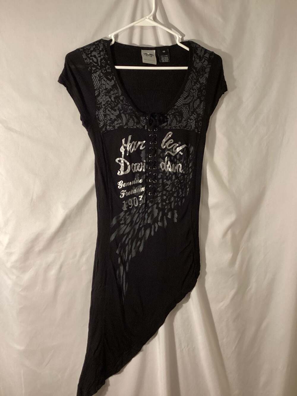 Harley-Davidson Asymmetrical Lace Top Size XS Black Rayon